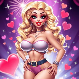 A stunning bimbo character with exaggerated features, particularly large breasts, wearing a playful and colorful outfit