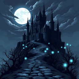 A striking dark fantasy landscape in pixel art style featuring a foreboding castle set on a hill