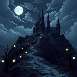 A striking dark fantasy landscape in pixel art style featuring a foreboding castle set on a hill