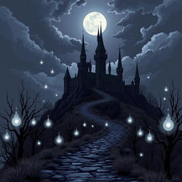 A striking dark fantasy landscape in pixel art style featuring a foreboding castle set on a hill