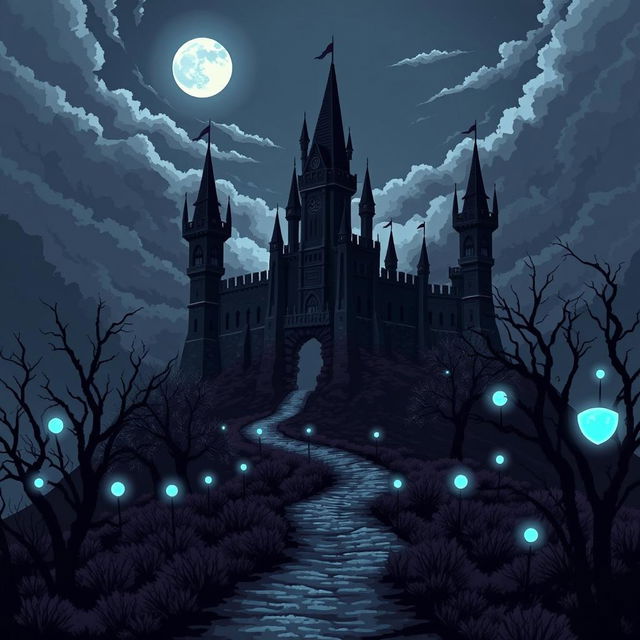 A striking dark fantasy landscape in pixel art style featuring a foreboding castle set on a hill