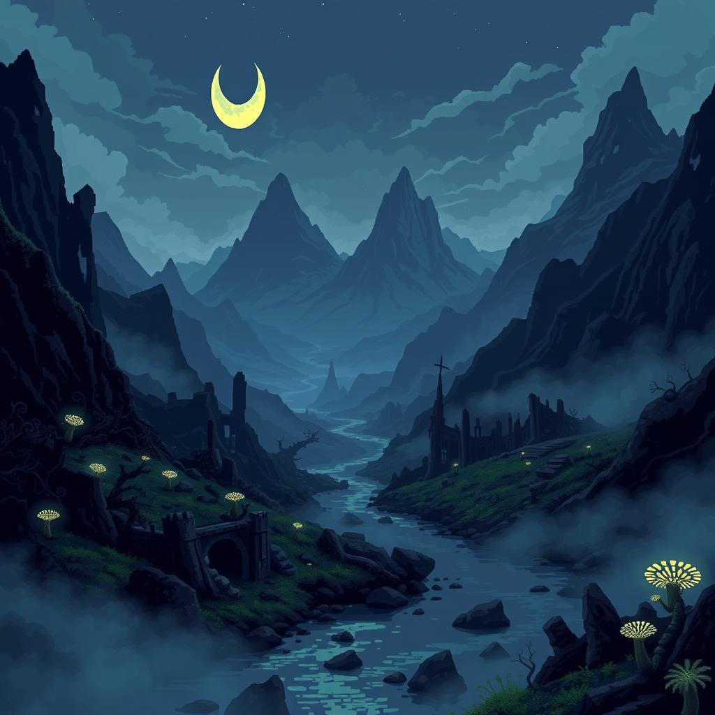 An immersive dark fantasy landscape in pixel art style featuring a gloomy terrain