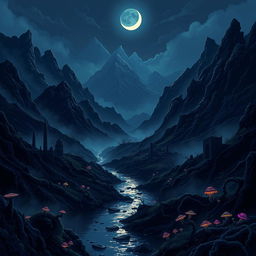 An immersive dark fantasy landscape in pixel art style featuring a gloomy terrain