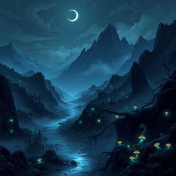 An immersive dark fantasy landscape in pixel art style featuring a gloomy terrain