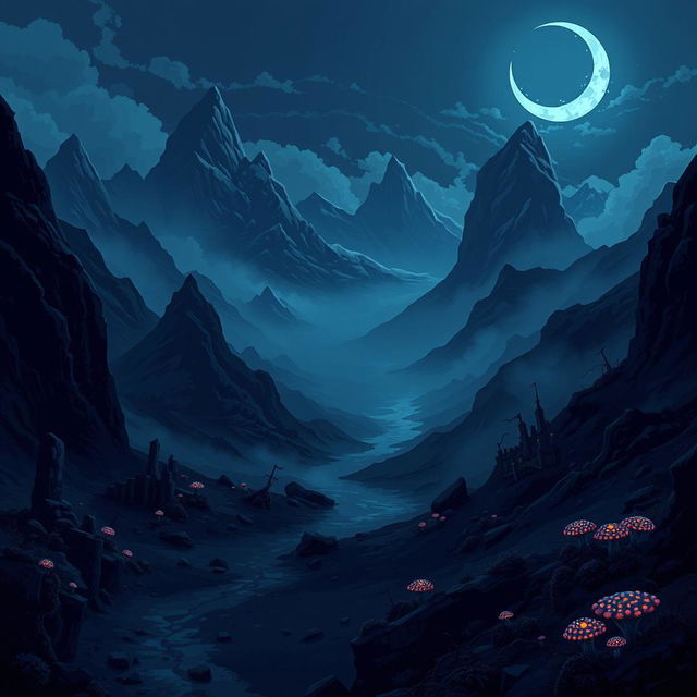 An immersive dark fantasy landscape in pixel art style featuring a gloomy terrain