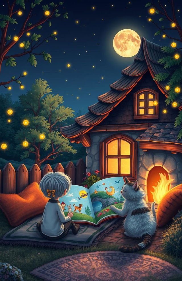 A cozy, serene night-time scene featuring a gentle starry sky with a full moon casting soft light on a quaint, fairy-tale cottage surrounded by lush trees and twinkling fireflies