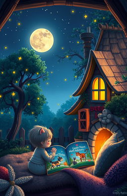 A cozy, serene night-time scene featuring a gentle starry sky with a full moon casting soft light on a quaint, fairy-tale cottage surrounded by lush trees and twinkling fireflies