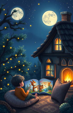 A cozy, serene night-time scene featuring a gentle starry sky with a full moon casting soft light on a quaint, fairy-tale cottage surrounded by lush trees and twinkling fireflies