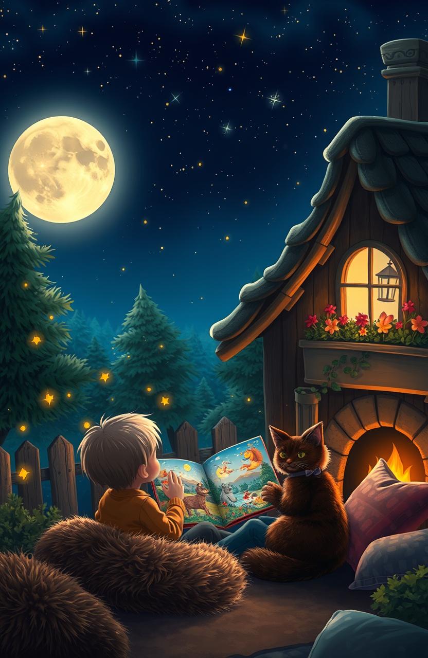 A cozy, serene night-time scene featuring a gentle starry sky with a full moon casting soft light on a quaint, fairy-tale cottage surrounded by lush trees and twinkling fireflies