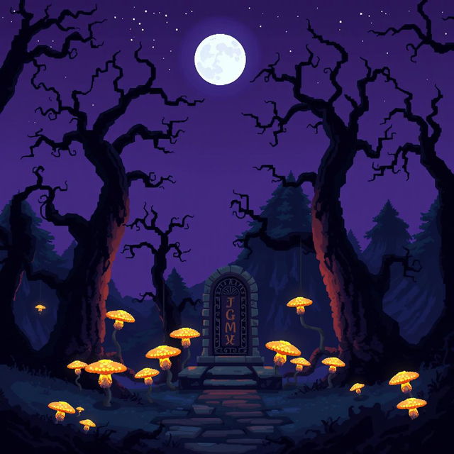 A haunting dark fantasy scene in pixel art style featuring a mystical, enchanted forest