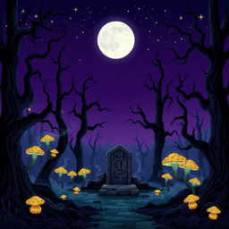 A haunting dark fantasy scene in pixel art style featuring a mystical, enchanted forest