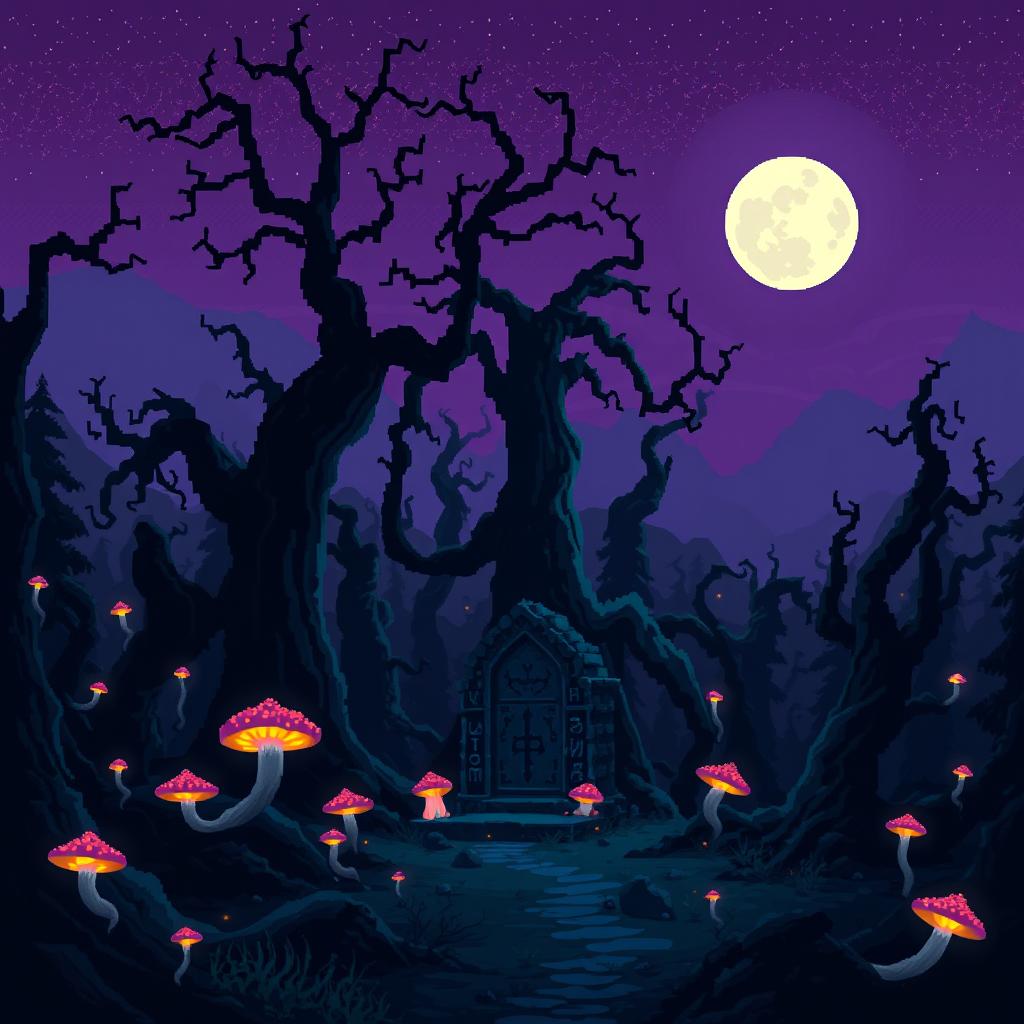 A haunting dark fantasy scene in pixel art style featuring a mystical, enchanted forest