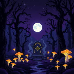 A haunting dark fantasy scene in pixel art style featuring a mystical, enchanted forest