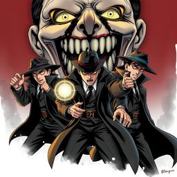 Three heroic detectives with extrasensory powers, showcasing distinct detective-like personalities and dark, intense expressions