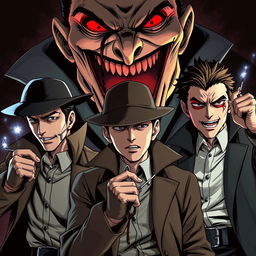 Three heroic detectives with extrasensory powers, showcasing distinct detective-like personalities and dark, intense expressions