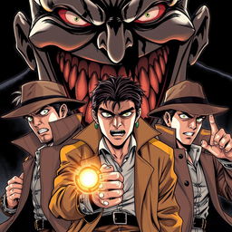 Three heroic detectives with extrasensory powers, showcasing distinct detective-like personalities and dark, intense expressions