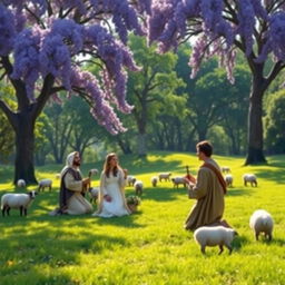 A serene pastoral landscape in the year 1576 featuring shepherds kneeling in prayer to the Virgin Mary