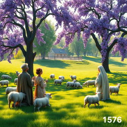 A serene pastoral landscape in the year 1576 featuring shepherds kneeling in prayer to the Virgin Mary