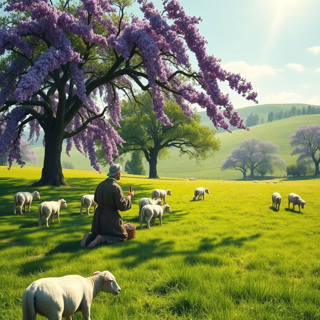 A serene pastoral landscape in the year 1576 featuring shepherds kneeling in prayer to the Virgin Mary