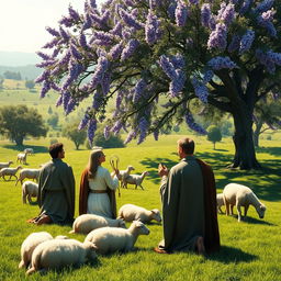 A serene pastoral landscape in the year 1576 featuring shepherds kneeling in prayer to the Virgin Mary