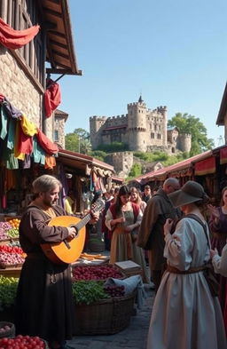 A scene capturing the essence of life in the Middle Ages, showcasing a lively marketplace filled with vibrant stalls selling colorful fabrics, fresh produce, and artisanal goods