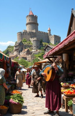 A scene capturing the essence of life in the Middle Ages, showcasing a lively marketplace filled with vibrant stalls selling colorful fabrics, fresh produce, and artisanal goods