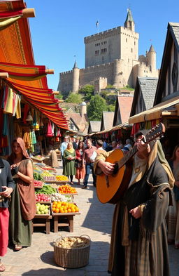 A scene capturing the essence of life in the Middle Ages, showcasing a lively marketplace filled with vibrant stalls selling colorful fabrics, fresh produce, and artisanal goods