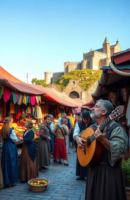 A scene capturing the essence of life in the Middle Ages, showcasing a lively marketplace filled with vibrant stalls selling colorful fabrics, fresh produce, and artisanal goods