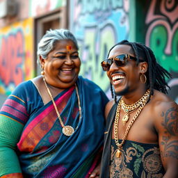 A plump 65-year-old Indian lady with dark skin, wearing colorful traditional Indian attire, joyfully interacting with a younger African male rapper