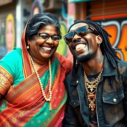 A plump 65-year-old Indian lady with dark skin, wearing colorful traditional Indian attire, joyfully interacting with a younger African male rapper