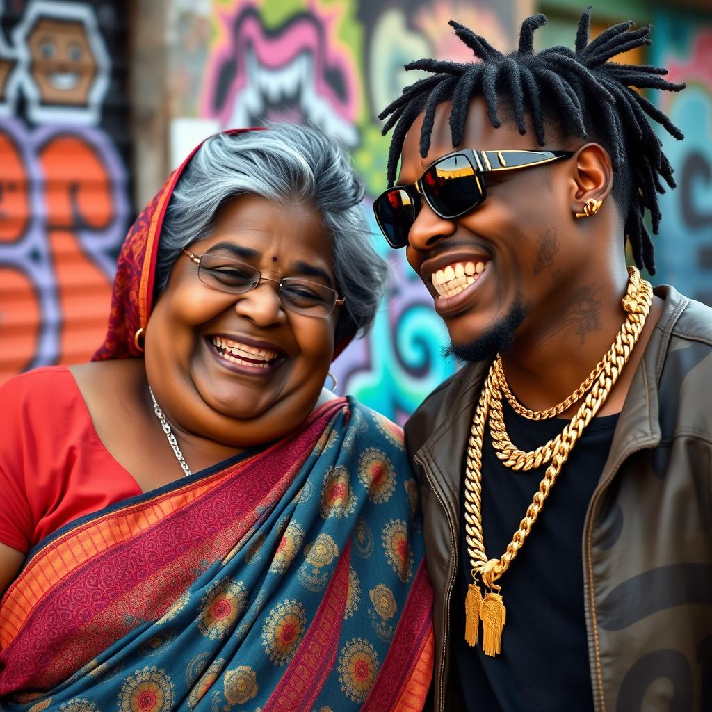 A plump 65-year-old Indian lady with dark skin, wearing colorful traditional Indian attire, joyfully interacting with a younger African male rapper