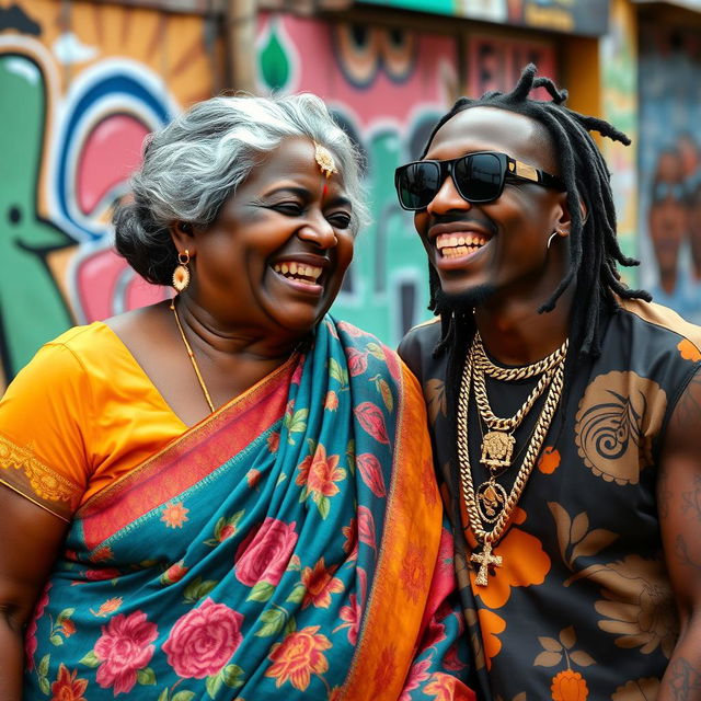 A plump 65-year-old Indian lady with dark skin, wearing colorful traditional Indian attire, joyfully interacting with a younger African male rapper