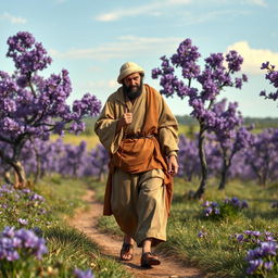 A 16th-century scene featuring a shepherd from the year 1576, peacefully walking in a lush pastoral landscape