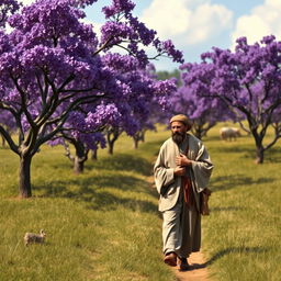 A 16th-century scene featuring a shepherd from the year 1576, peacefully walking in a lush pastoral landscape