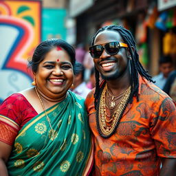 A plump Indian lady with a warm smile, dressed in traditional vibrant Indian clothing, standing next to a younger African male rapper
