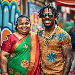 A plump Indian lady with a warm smile, dressed in traditional vibrant Indian clothing, standing next to a younger African male rapper