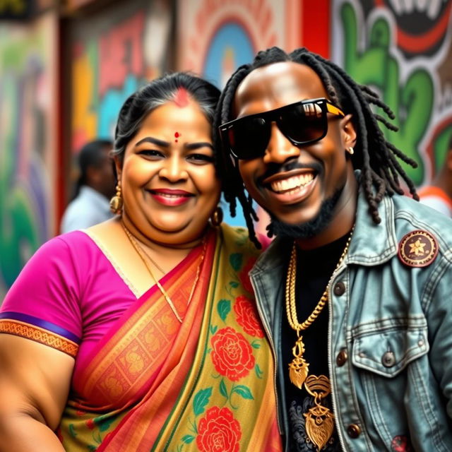 A plump Indian lady with a warm smile, dressed in traditional vibrant Indian clothing, standing next to a younger African male rapper