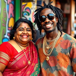 A plump Indian lady with a warm smile, dressed in traditional vibrant Indian clothing, standing next to a younger African male rapper
