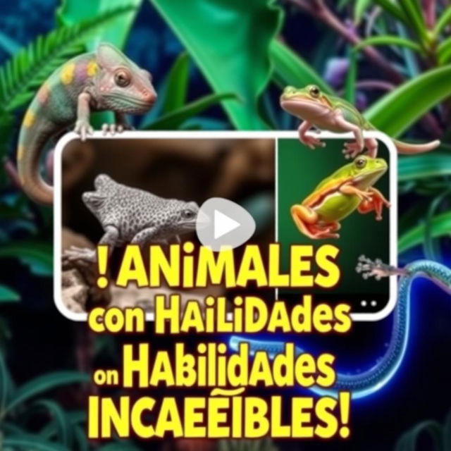 An engaging YouTube thumbnail illustrating amazing animals with incredible abilities, specifically featuring a chameleon, an axolotl, a vibrant frog, and an electric eel