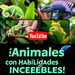 An engaging YouTube thumbnail illustrating amazing animals with incredible abilities, specifically featuring a chameleon, an axolotl, a vibrant frog, and an electric eel