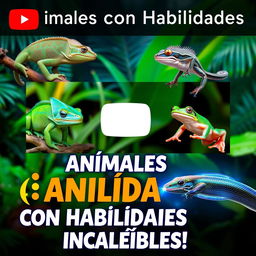 An engaging YouTube thumbnail illustrating amazing animals with incredible abilities, specifically featuring a chameleon, an axolotl, a vibrant frog, and an electric eel