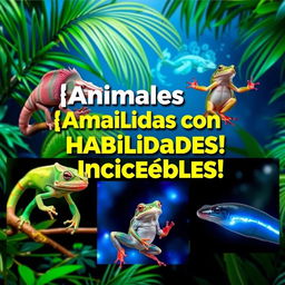 An engaging YouTube thumbnail illustrating amazing animals with incredible abilities, specifically featuring a chameleon, an axolotl, a vibrant frog, and an electric eel