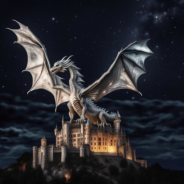 A silver dragon perched atop a gothic castle under a moonlit, starry sky