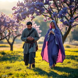 In a serene pastoral landscape of 1576, a shepherd and the Virgin Mary walk together in prayer, holding a rosary
