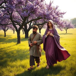 In a serene pastoral landscape of 1576, a shepherd and the Virgin Mary walk together in prayer, holding a rosary