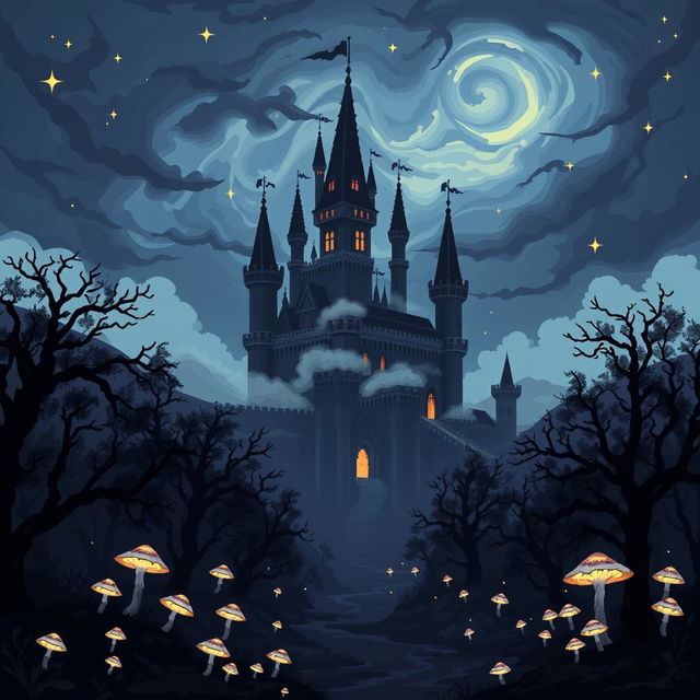 A dark fantasy castle set within a mystical landscape, illustrated in a smooth pixel art style