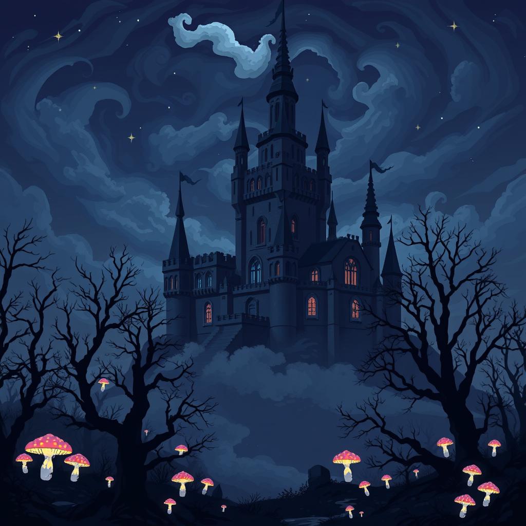 A dark fantasy castle set within a mystical landscape, illustrated in a smooth pixel art style