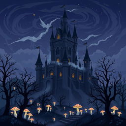 A dark fantasy castle set within a mystical landscape, illustrated in a smooth pixel art style
