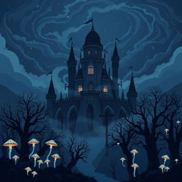 A dark fantasy castle set within a mystical landscape, illustrated in a smooth pixel art style