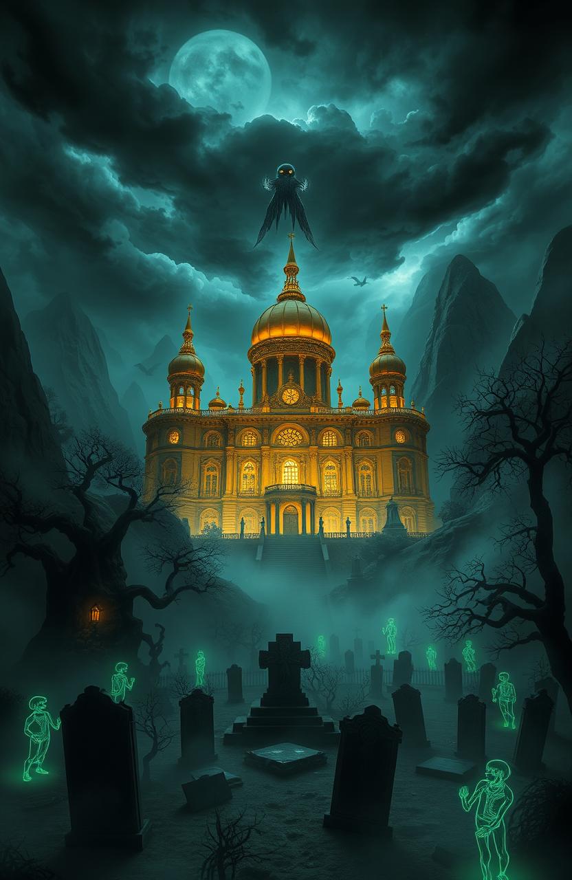 A stunning gold palace situated in a mysterious underworld, surrounded by eerie shadows and strange luminescent creatures